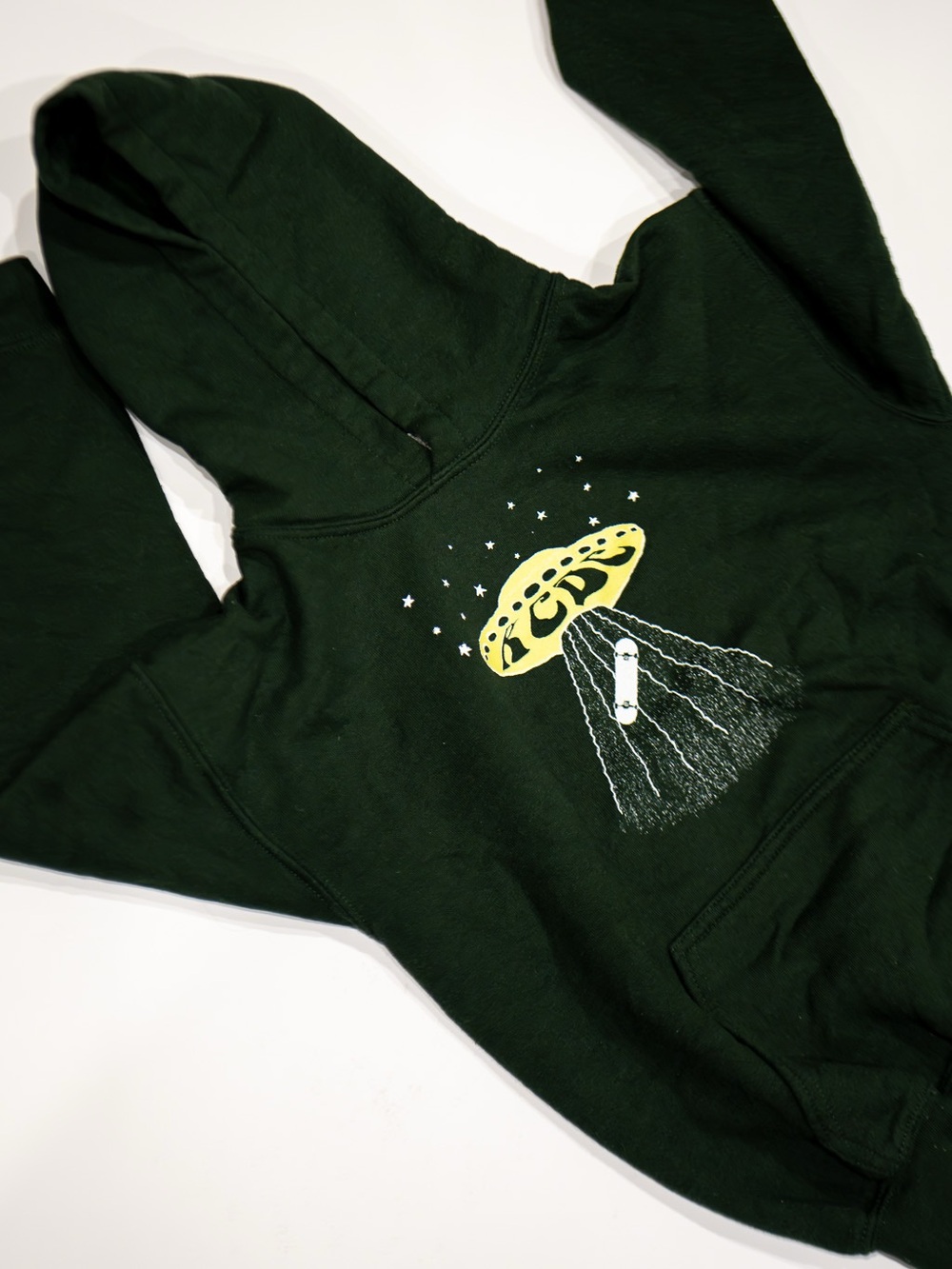 KCDC Dark Green Graphic Hoodie Sweatshirt with Yellow UFO Print
